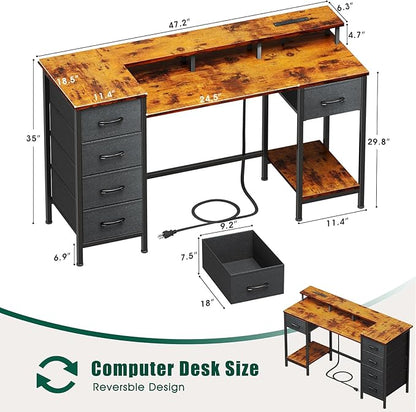 47 Inch Gaming Desk with Power Outlets and LED Lights, Reversible Computer Desk with 5 Fabric Storage Drawers, Home Office Desk with Monitor Stand for Working Writing Study, Rustic Brown