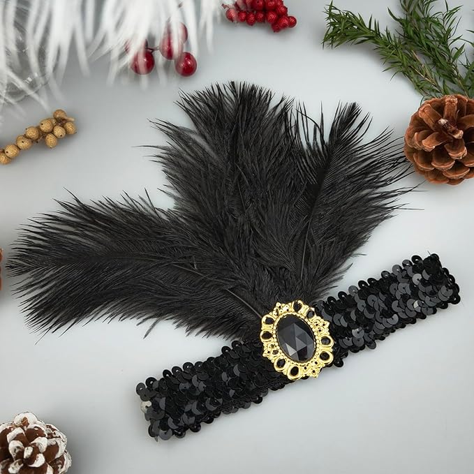 Feather Headpiece Sequins Headbands 1920s Flapper Showgirl Headpieces for Women Girls Carnival Party Accessories