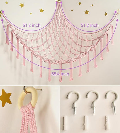 Stuffed Animal Storage Hammock Net - Toy Hammock Net for Stuffed Animals Corner - Hanging Stuff Animal Organizer Holder Large Pink Baby Nursery Room Decor