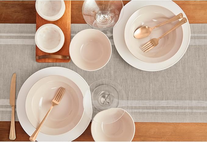 Solino Home Linen Table Runner 144 Inches Long - 100% Pure Linen White and Natural French Stripe Table Runner 14 x 144 Inch for Dining