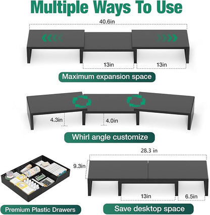 OPNICE Dual Computer Monitor Stand Riser, Desk Organizer with Drawer, Office Desk Accessories & Workspace Organizers for Home Office Supplies, Black
