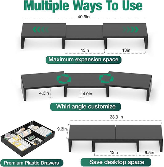 OPNICE Dual Computer Monitor Stand Riser, Desk Organizer with Drawer, Office Desk Accessories & Workspace Organizers for Home Office Supplies, Black