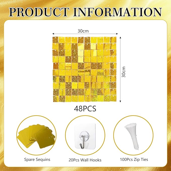 48 PCS Gold Shimmer Wall Backdrop, Laser Square Sequin Photo Backdrops Panel, Glitter Wall Background for Birthdays, Weddings, Halloween, Engagements, Disco Bachelorette Party Decoration (6FTx8FT)