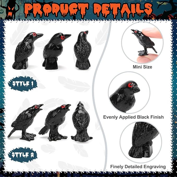 120 PCS Mini Resin Crow Figurines Halloween Decor Black Miniature Crow Gothic Tiny Raven Vase Filler Spooky Bird Ornament DIY Craft Project for Garden Landscape Scene Cupcake Topper Decoration