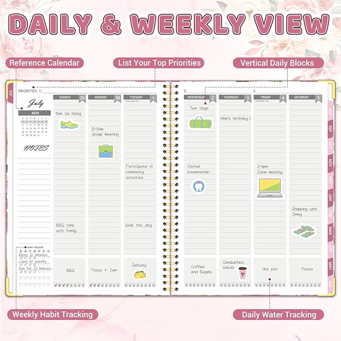 Academic Planner 2025-2026, 8.5" x 11", Weekly & Monthly Planner from JUL.2025 to JUN.2026, Column View Calendar Organizers, Spiral Hardcover Agenda Book with Tabs for Office School Supplies, Floral