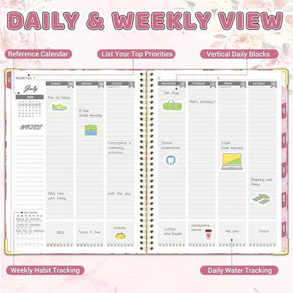 Academic Planner 2025-2026, 8.5" x 11", Weekly & Monthly Planner from JUL.2025 to JUN.2026, Column View Calendar Organizers, Spiral Hardcover Agenda Book with Tabs for Office School Supplies, Floral