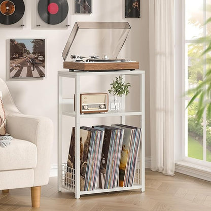 LELELINKY Large White Record Player Stand, 3 Tier 18" Wide Big End Table with Vinyl Storage Up to 130 Albums, Industrial Turntable Printer Tables, Modern Side Tables for Living Room, Bedroom, Office