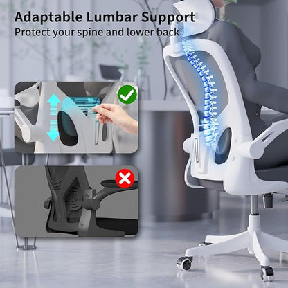 Monhey Ergonomic Office Chair, 90°-125° Tilt Back Home Desk Chair with 360° Swivel & Mute Wheels, High Back Mesh Computer Chair for Adults with Lumbar Support, 330 LBS Capacity(02White+Grey)