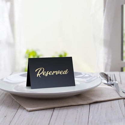 10 Pack Black Reserved Table Signs for Wedding 3x4 Cardstock Reserved Seating Signs for Weddings Restaurant - Double Sided Reserved Signs for Tables - Table Tent Reservation Cards With Gold Letters