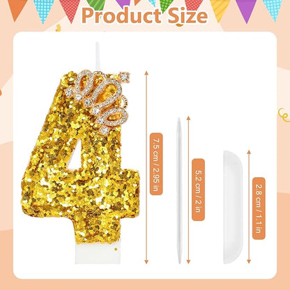 Gold Birthday Candle Crown Number 4 Candle with Sequins Cake Candles Cupcake Decorations Party Decor for Anniversary Celebrations Supplies