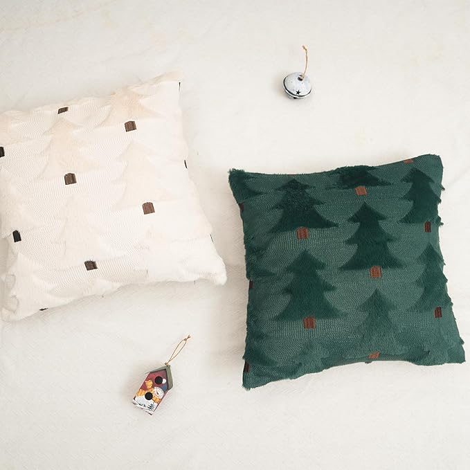 GEEORY Christmas Pillow Covers 16x16 Inch Set of 2, Christmas Decorations Xmas Tree Soft Plush Fluffy Faux Fur Decorative Throw Pillows Farmhouse Winter Cushion Case Beige Brown GC034-16