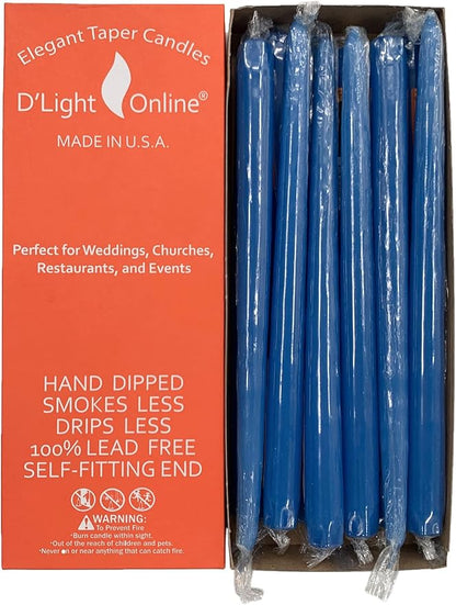 D'light Online Elegant 10" Unscented Medium Royal Blue Taper Candles, Premium Quality Hand-Dipped Tapered Candles, Dripless and Smokeless - Set of 12 Individually Wrapped (10 Inch, Medium Blue)