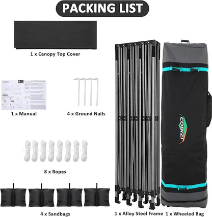 COBIZI 10x30 Pop Up Canopy Without Sidewall,Heavy Duty Canopy UPF 50+ All Season Wind Waterproof Commercial Outdoor Wedding Party Tents for Parties Gazebo with Roller Bag(10 x 30 ft Black)