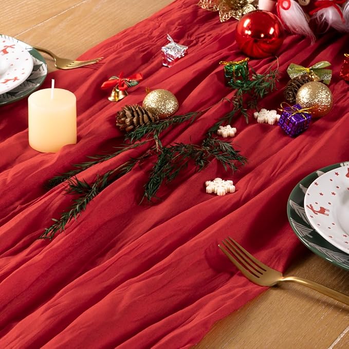 Red Cheesecloth Table Runner 4 Pack Christmas Table Runners Boho Gauze 120 Inches Red Cheese Cloth Table Decor for Xmas Holiday Season Parties Weddings Bridal Baby Shower Candlelight Dinner