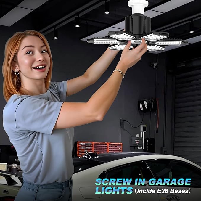 Led Garage Lights 4 Pack 200W Super Bright Ceiling Led Shop Lights, E26/E27 Base, 6500K, 22000LM Deformable Garage Light Ideal for Basement, Attic and Workshop