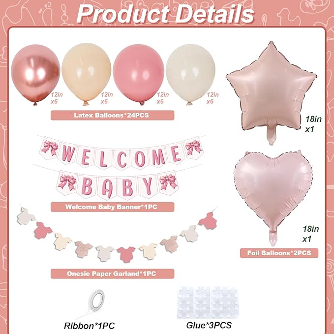 Dusty Pink Baby Shower Decorations Oh Welcome Baby Girls Balloon Set with Star Heart Foil Balloons Bunting Banner Bodysuit Garland Bow Boho Blush Beige Rose Gold White Sand Gender Reveal Party Boys