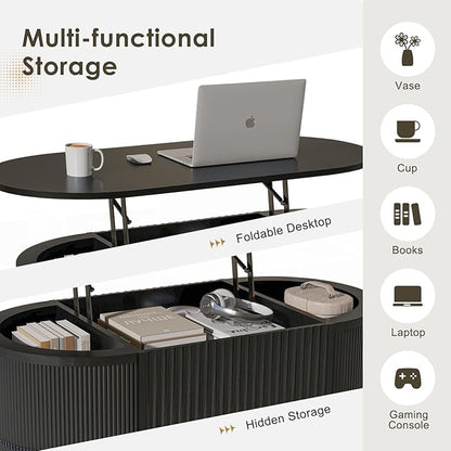 LYNCOHOME Fluted Lift Top Coffee Table with Storage,Modern Oval Coffee Table for Living Room or Home Office(Black)