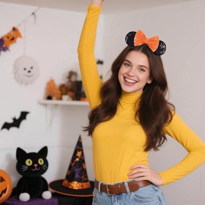 ASAHEL Mouse Ears Headbands Fashion Shiny Bows Mice Ears Halloween Parties Themed Events (Orange, Onesize)