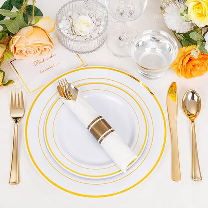 WELLIFE 700 Pcs Gold Plastic Plates for 100 Guests - Disposable Dinnerware Set,Christmas Party Supplies Includes 200 Gold Plates,300 Plastic Silverware,100 Napkins,100 Cups for Party and Christmas