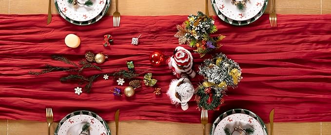 Red Cheesecloth Table Runner 4 Pack Christmas Table Runners Boho Gauze 120 Inches Red Cheese Cloth Table Decor for Xmas Holiday Season Parties Weddings Bridal Baby Shower Candlelight Dinner