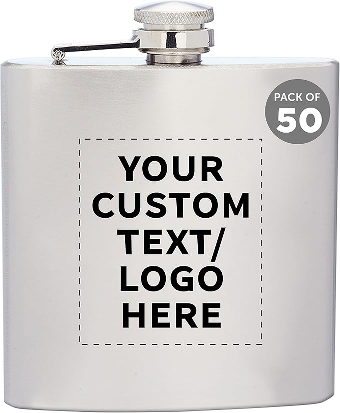 Custom Murano Stainless Steel Hip Flasks 6 oz. Set of 50, Personalized Bulk Pack - Screw on Cap, Great for Wedding Party Gifts, Groomsmen Gifts, Outdoor Activities - Silver
