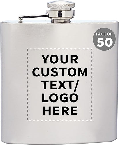 Custom Murano Stainless Steel Hip Flasks 6 oz. Set of 50, Personalized Bulk Pack - Screw on Cap, Great for Wedding Party Gifts, Groomsmen Gifts, Outdoor Activities - Silver