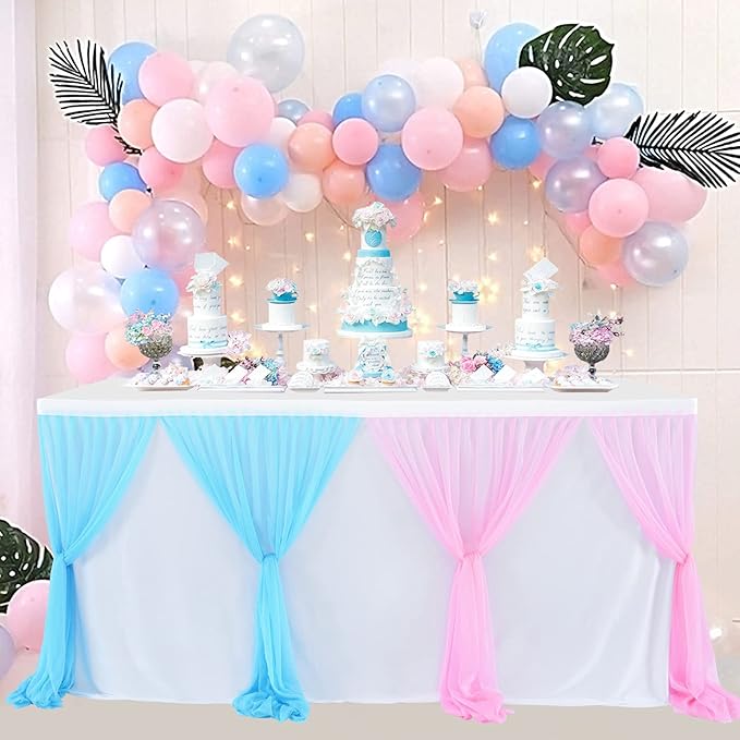 Pink Blue Tulle Table Skirt Gender Reveal Tutu Table Skirts for Baby Shower Girl Boy Birthday Party Cake Dessert Banquet Table Decorations 9ft
