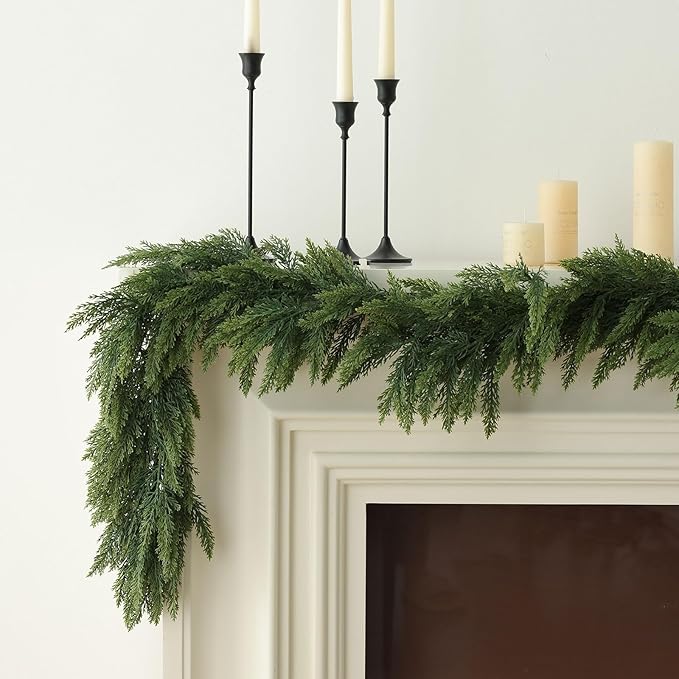MIZII Christmas Garlands 6 Feet Thick Artificial Pine Garland Real Touch Green Pines Vine Faux Greenery Garland Christmas Decorations for Xmas Fireplace Mantle Home Decor Indoor Outdoor (Thick Pine)