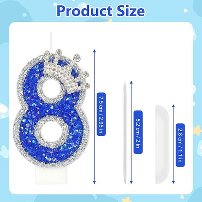 Blue Birthday Candle Crown Number 8 Candle with Sequins Cake Candles Cupcake Decorations Party Decor for Anniversary Celebrations Supplies