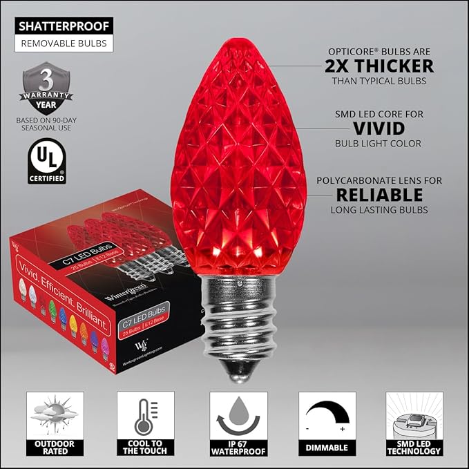 Wintergreen Lighting Set of 25 C7 OptiCore Commercial Red Christmas Lights - LED Heavy Duty Bulbs for Holiday, Valentine's Day, Party, Bedroom on 18 Gauge Green Wire (25 ft)