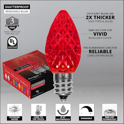 Wintergreen Lighting Set of 25 C7 OptiCore Commercial Red Christmas Lights - LED Heavy Duty Bulbs for Holiday, Valentine's Day, Party, Bedroom on 18 Gauge Green Wire (25 ft)