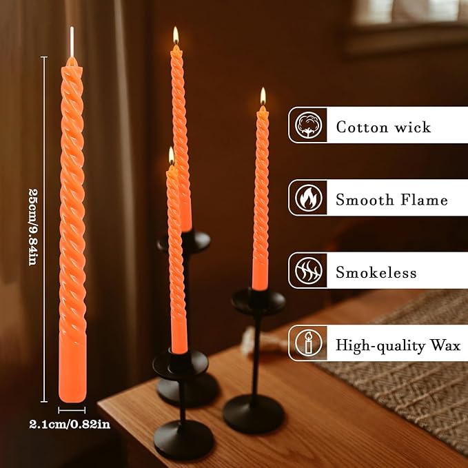 12Pack 10 Inch Orange Spiral Taper Candles，Unscented and Long Burning Dripless Twisted Candlesticks for Home Fall Decor,Halloween,Wedding, Birthday, Christmas