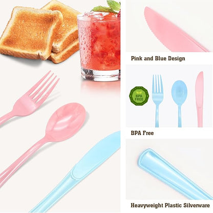 300 PCS Pink and Blue Silverware Heavy Duty 150 Pink Plastic Silverware and 150 Blue Plastic Cutlery Sets- 100 Forks 100 Knives 100 Spoons for Birthday, Baby Shower, Gender Reveal