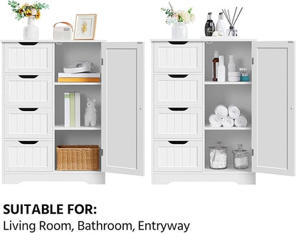 Yaheetech Large Bathroom Floor Cabinet with 4 Dawers and Single Door Cabinet, Freestanding Storage Cabinet for Living Room Kitchen Hallway, White