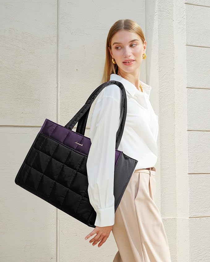 LOVEVOOK Tote Bag for Women, Puffer Work Handbag 17 Inch Laptop Purse for Nurse Teacher, Large Quilted Travel Tote Shoulder Bag with Zipper for College Office Clinical Gym, Purple-black