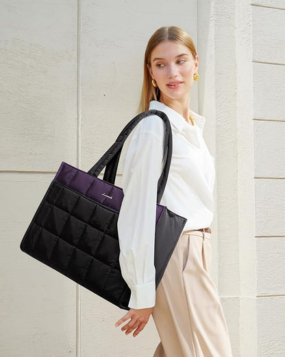 LOVEVOOK Tote Bag for Women, Puffer Work Handbag 17 Inch Laptop Purse for Nurse Teacher, Large Quilted Travel Tote Shoulder Bag with Zipper for College Office Clinical Gym, Purple-black