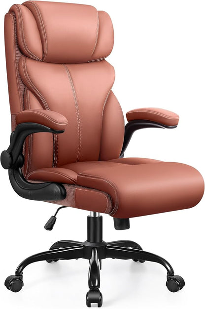 Office Chair, Ergonomic Big and Tall Computer Desk Chairs, Executive Breathable Leather Chair with Adjustable High Back Flip-up Armrests, Lumbar Support Swivel PC Chair with Rocking Function