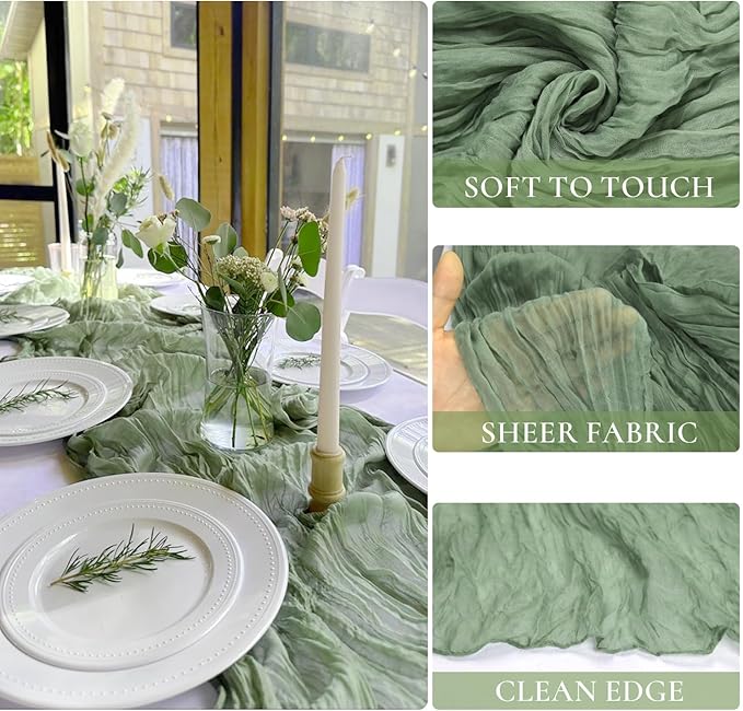12 Pack Sage Green Table Runner Cheesecloth 35x120 Inch, 10Ft Boho Sheer Gauze Table Runner Cheese Cloth Runner for Wedding Baby Shower Christmas Home Decorations