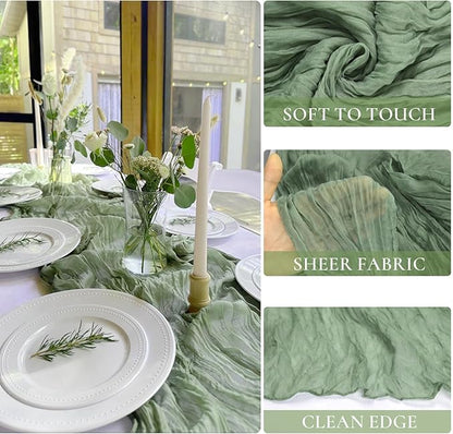 12 Pack Sage Green Table Runner Cheesecloth 35x120 Inch, 10Ft Boho Sheer Gauze Table Runner Cheese Cloth Runner for Wedding Baby Shower Christmas Home Decorations