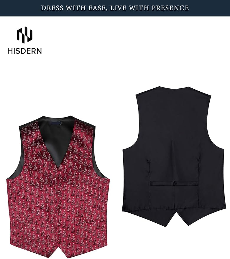 HISDERN Men's Suit Vest Christmas Holiday Season Party Jacquard Waistcoats Necktie Pocket Square Vest Suit Set