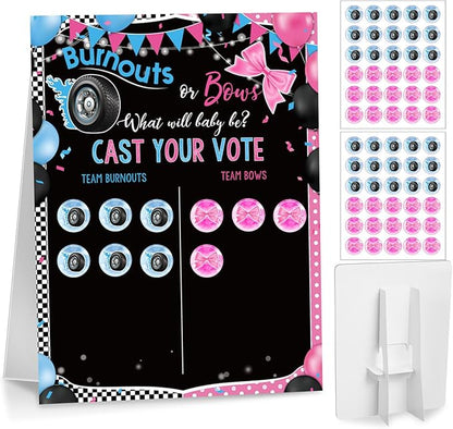 Poen Burnouts or Bows Gender Reveal Game Board with Stand, 60 Pink Bow & Cool Wheel Stickers, Cast Your Vote Baby Shower Party Supplies, Boy or Girl Guessing Game Decorations for Gender Reveal Party