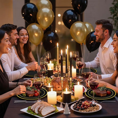 WDF 150PCS Black Plastic Plates - Black and Gold Plates Disposable - 25guest Disposable Dinnerware Sets for Party/Wedding/Halloween/New Year