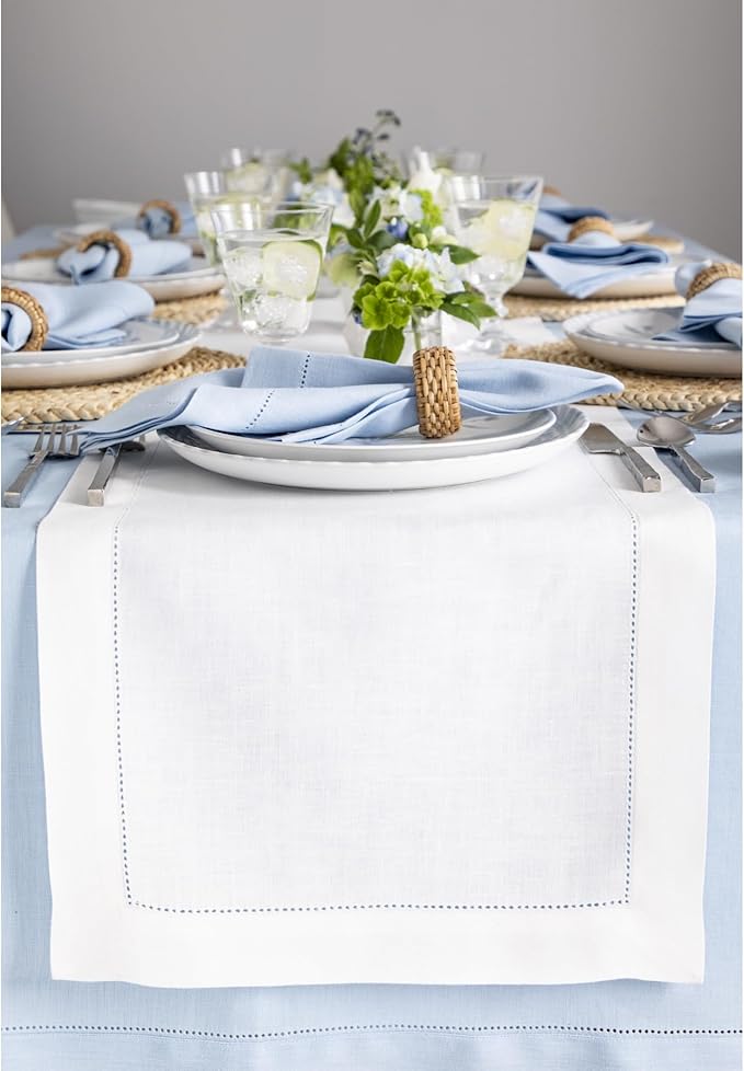 Solino Home Linen White Table Runner 156 Inches Long - 100% Pure Linen Extra Long Table Runner 14 x 156 Inch for Fall, Autumn, Christmas, Holiday, New Year - Classic Hemstitch