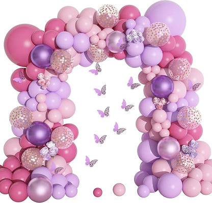 Amandir 175Pcs Pink and Purple Balloon Garland Arch Kit Butterfly Baby Shower Decorations for Girl, Lavender Purple Dusty Pink Balloon for Women Birthday Bridal Shower Wedding Party Supplies