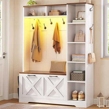 Itaar Hall Tree with Bench and Shoe Storage, Farmhouse Entryway Bench with Coat Rack, Shoe Cabinet with Flip Drawers, 7 Shelves, 10 Coat Hooks, Storage Bag, Led Lights, White