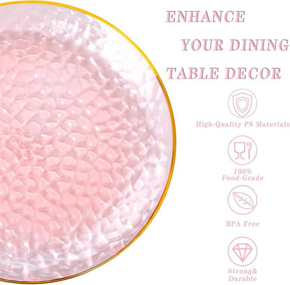 Rubtlamp 100Pcs Clear Pink Gold Plastic Plates, Pink Disposable Plates With Gold Rim, Hammered Plastic Plates Include 50 Clear Dessert Platos, 50 Dinner Platos for Party