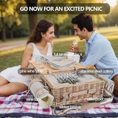 Multifunctional Wicker Picnic Basket Set for 4 with Blanket and Picnic Table, Insulated Picnic Set with Full Tablewares for Camping Outdoor Couples, Flowers