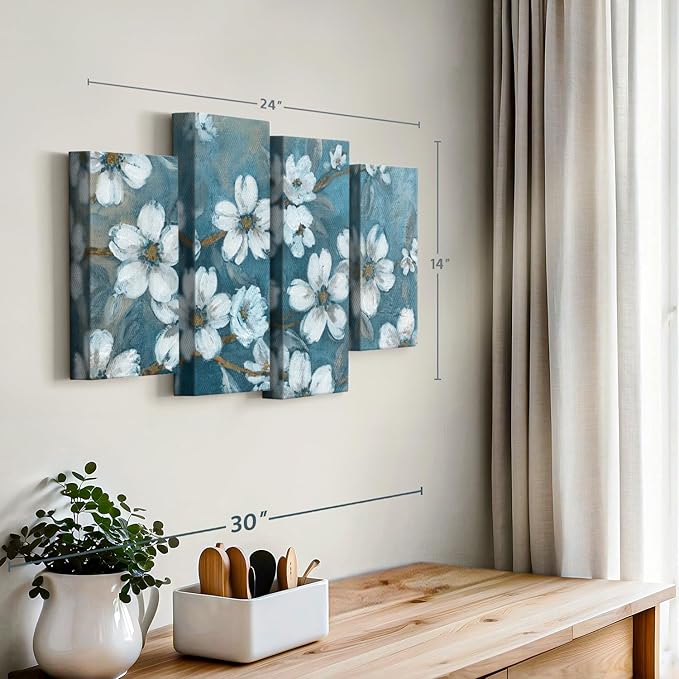 Elephant Stock Blossoms Of Evening Wall Art - Horizontal Canvas - 4-Piece Living Room Wall Decor - Blossom Painting Canvas Print - Blue and Gray Decor for Wall by Carol Robinson - 24" X 14"