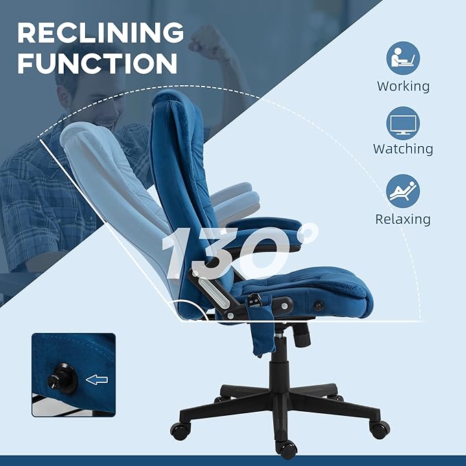 HOMCOM Executive Office Chair with 6 Points Vibration Massage and Heated Lumbar Support, Velvet High Back Computer Chair with Reclining Backrest, Tilt Function and Padded Armrests, Drak Blue