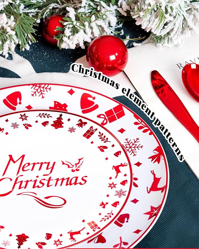 Ciaell 175PCS Christmas Plastic Plates - Red Plastic Plates - Christmas Disposable Dinnerware Sets Include 50Plates, 75Silverware, 25 Cups and 25Napkins for Xmas Parties